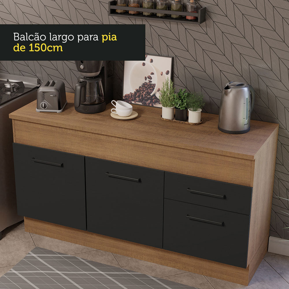 Balcão Madesa Agata 150 cm 2 Portas e 2 Gavetas (Com Tampo) Rustic/Preto