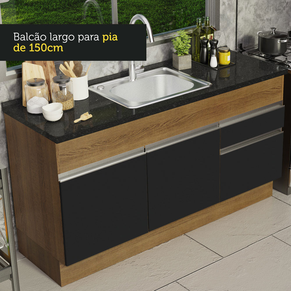 Balcão de Pia Madesa Glamy 150 cm 2 Portas e 2 Gavetas (Sem Tampo e Pia) Rustic/Preto