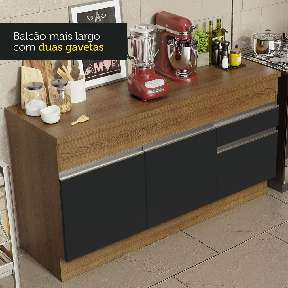 Balcão Madesa Glamy 150 cm 2 Portas e 2 Gavetas (Com Tampo) Rustic/Preto