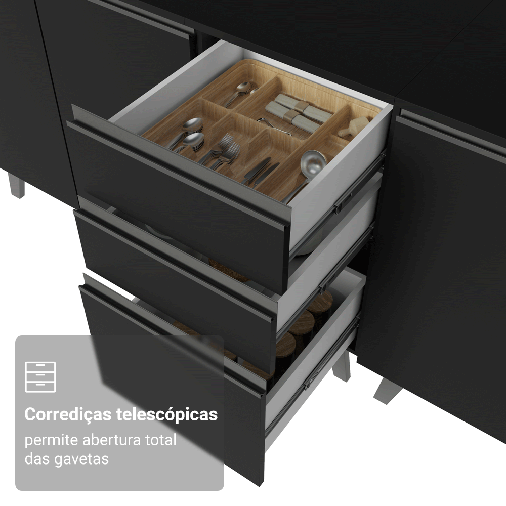 Balcão de Cozinha 40 cm 3 Gavetas Com Pés Preto Nice Madesa