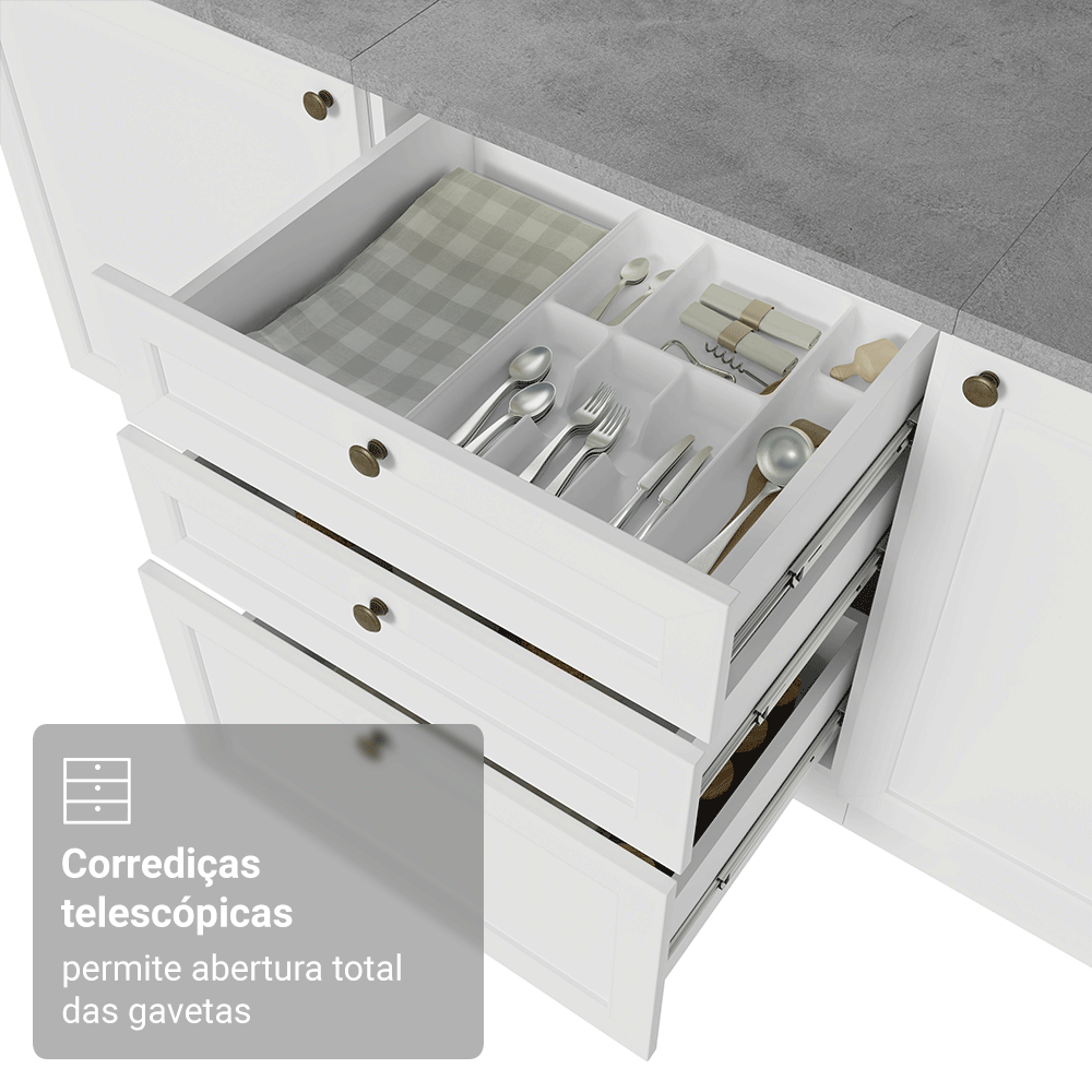 Balcão de Cozinha 60 cm 3 Gavetas Branco Vik Madesa