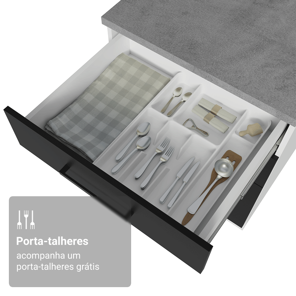 Balcão de Cozinha 60 cm 3 Gavetas (Sem Tampo) Branco/Preto Agata Madesa