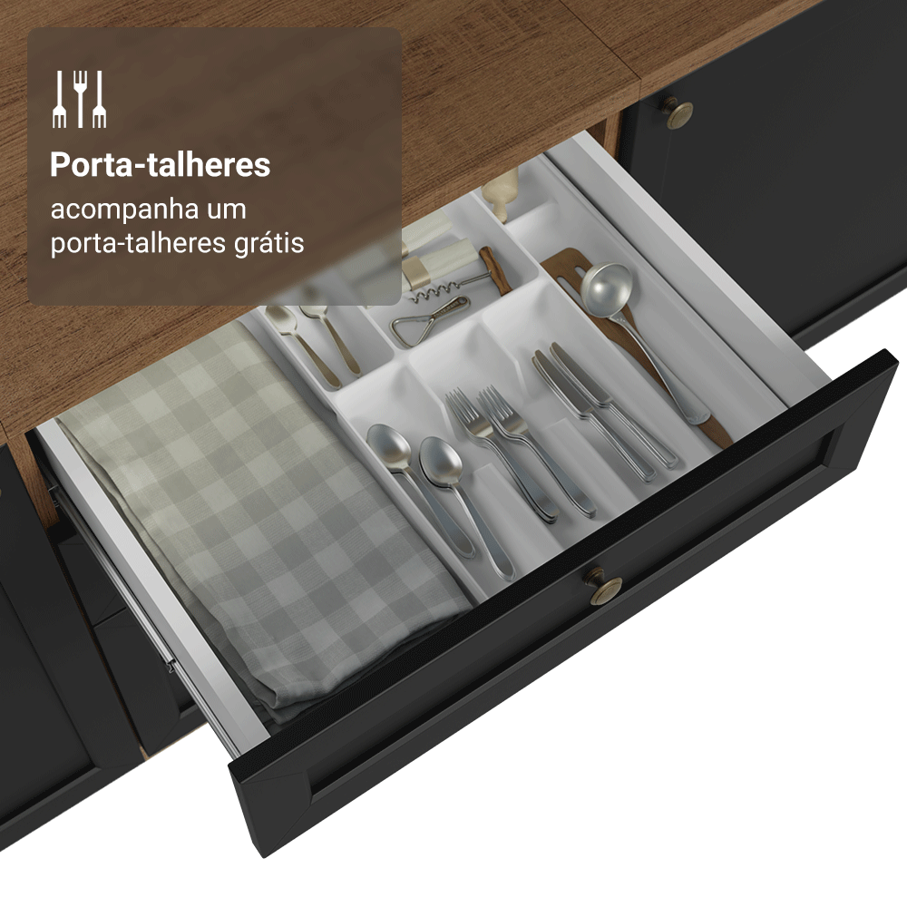 Balcão de Cozinha 60 cm 3 Gavetas Rustic/Preto Vik Madesa