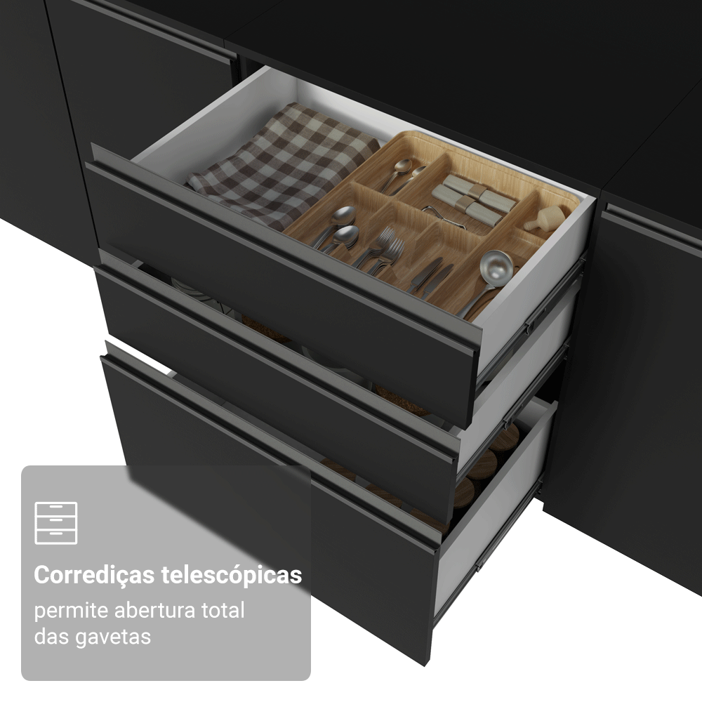 Balcão de Cozinha 60 cm 3 Gavetas Suspenso Preto Nice Madesa