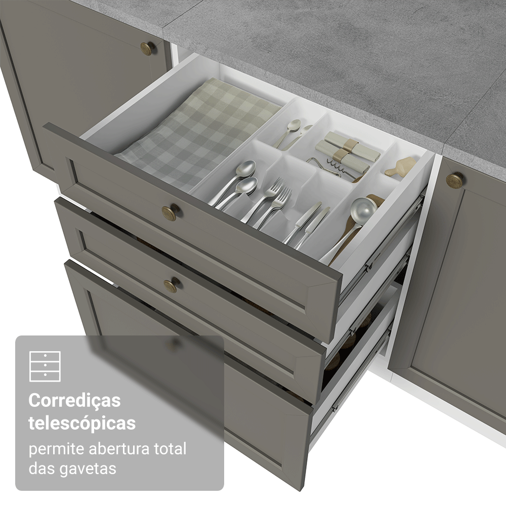 Balcão de Cozinha 60 cm 3 Gavetas (Sem Tampo) Branco/Cinza Vik Madesa