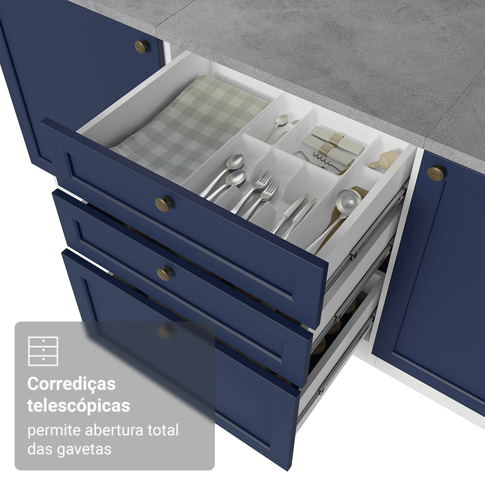 Balcão de Cozinha 60 cm 3 Gavetas Branco/Azul Vik Madesa
