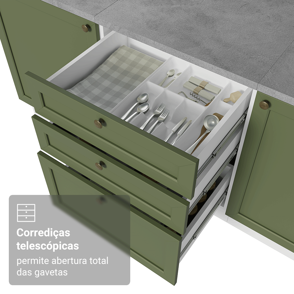 Balcão de Cozinha 60 cm 3 Gavetas (Sem Tampo) Branco/Verde Vik Madesa