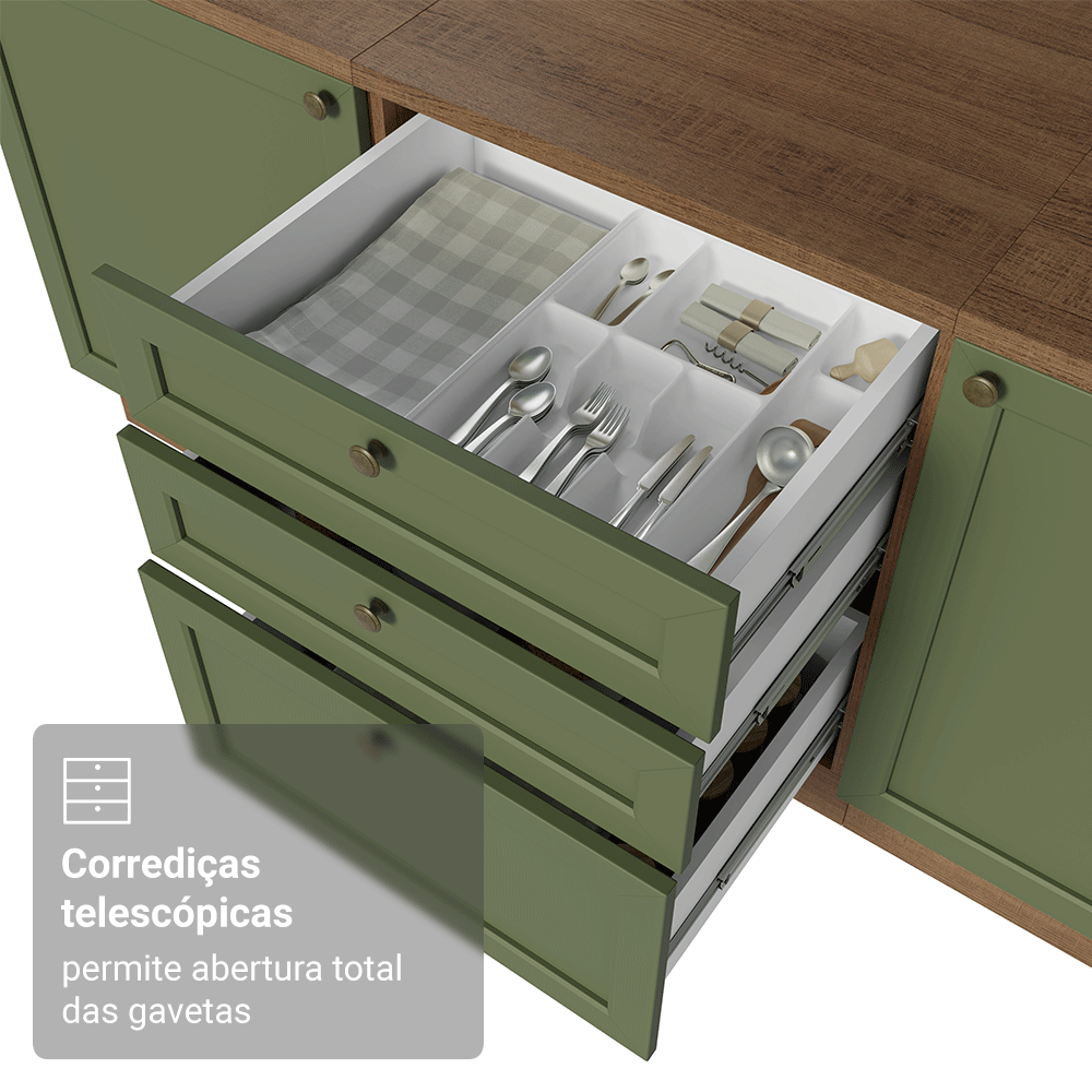 Balcão de Cozinha 60 cm 3 Gavetas (Sem Tampo) Rustic/Verde Vik Madesa