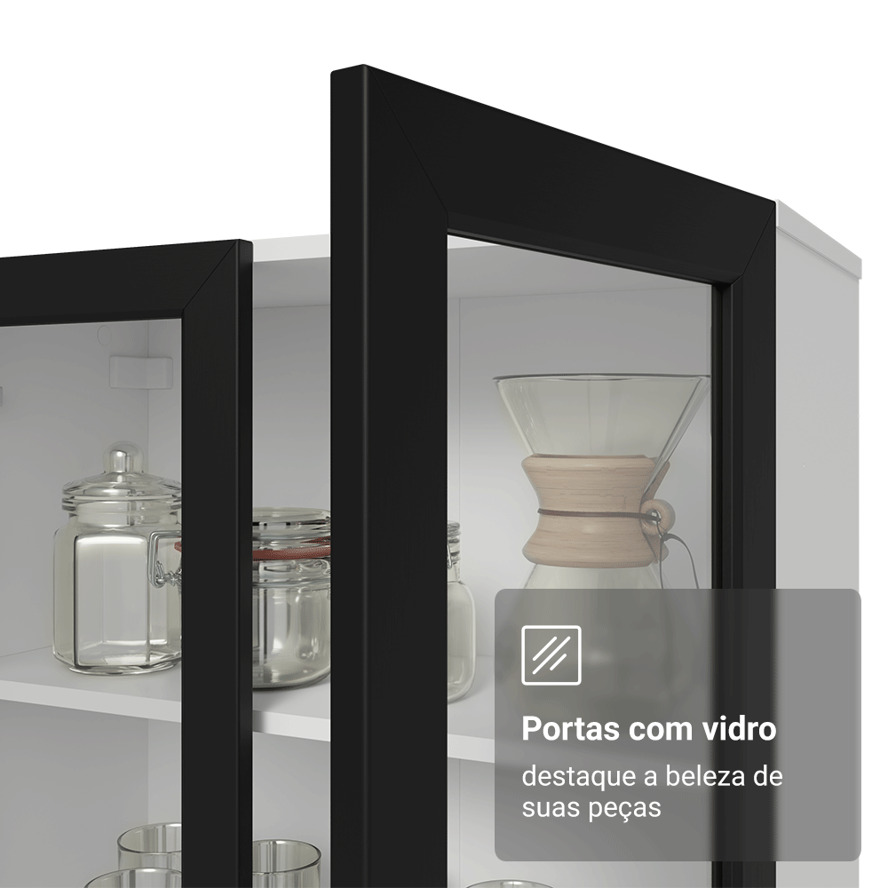 Cristaleira 70 cm 2 Portas de Vidro com Pés Cônicos Branco/Preto Vik Madesa