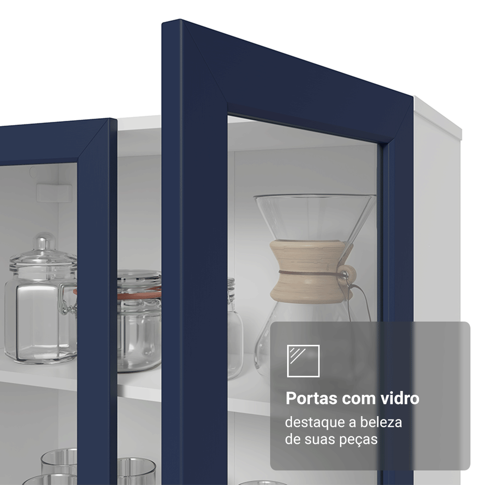 Cristaleira 70 cm 2 Portas de Vidro com Pés Cônicos Branco/Azul/Branco Vik Madesa