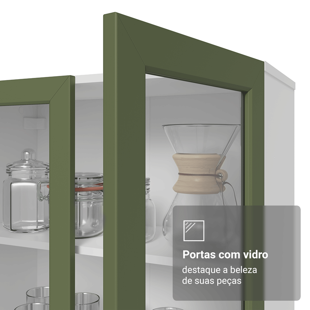 Cristaleira 70 cm 2 Portas de Vidro com Pés Cônicos Branco/Verde/Branco Vik Madesa