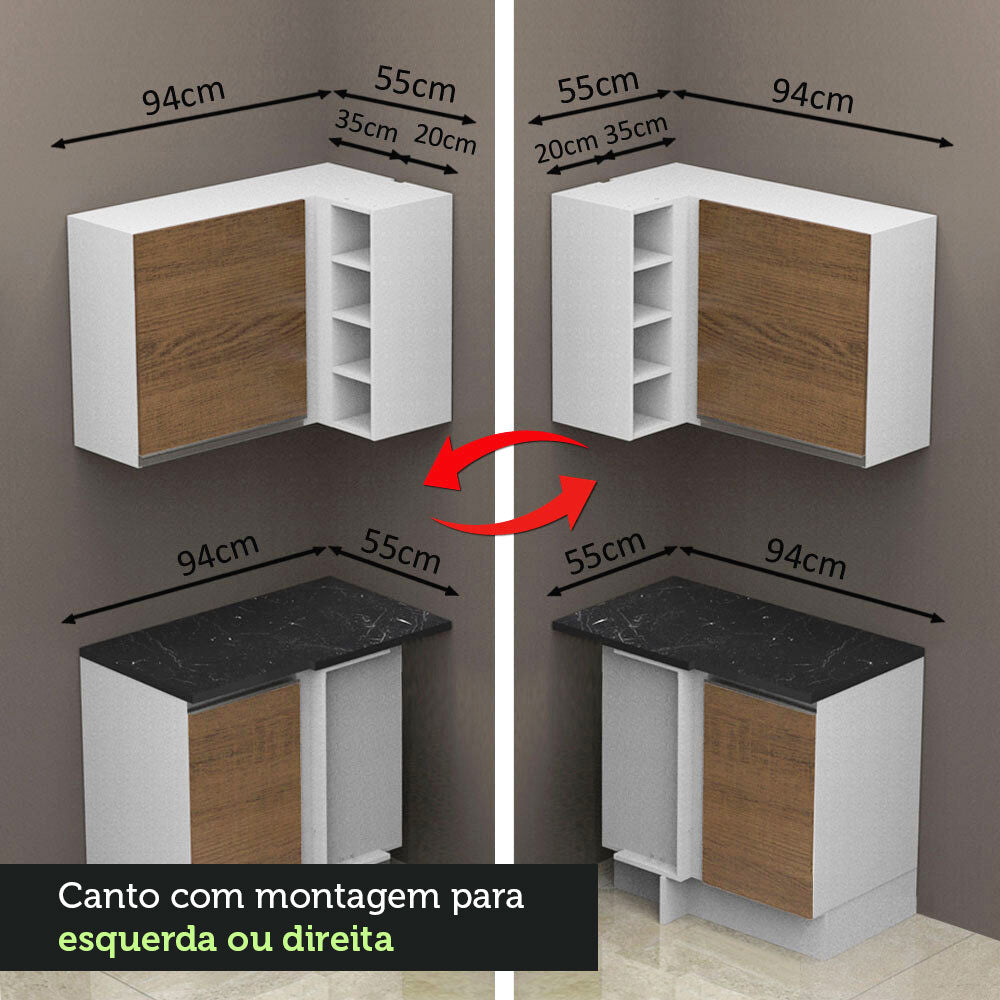Armário de Cozinha Completa de Canto 100% MDF 419cm Rustic/Branco Acordes Madesa 01