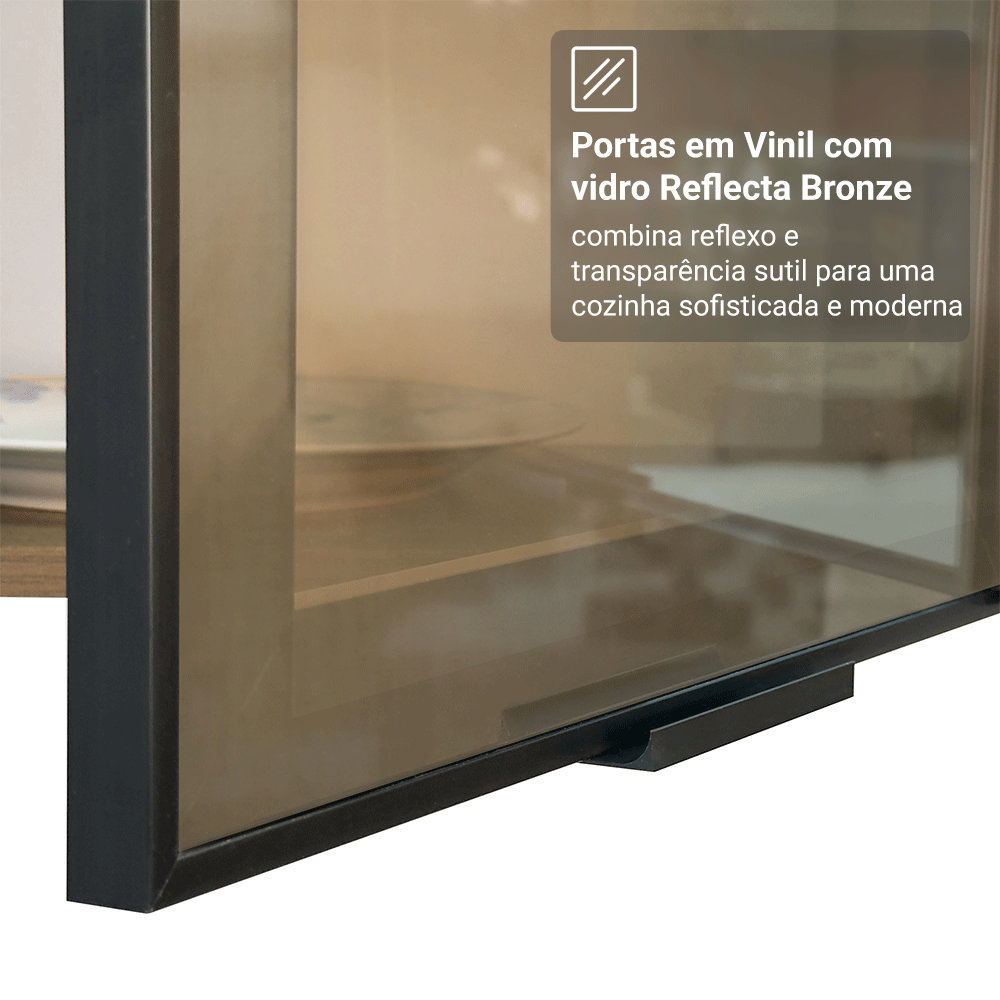 Kit 2 Armários Aéreos de Cozinha 60 cm Rustic/Preto Vidro Reflecta Bronze Vinil Madesa