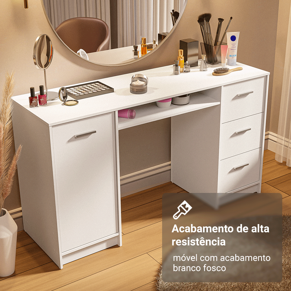 Escrivaninha Penteadeira 136cm 1 Porta 3 Gavetas Branco Madesa