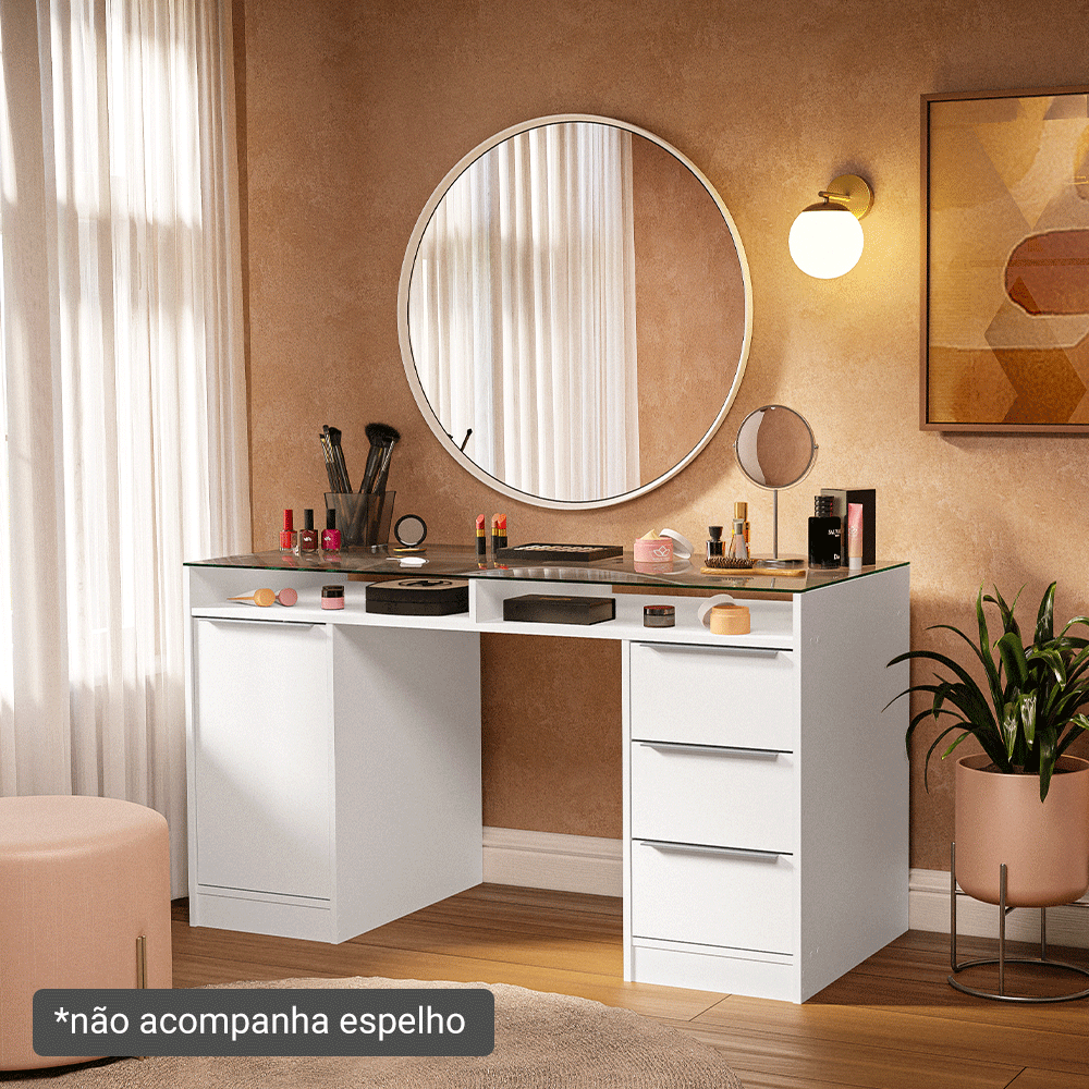 Escrivaninha Penteadeira 136cm 1 Porta 3 Gavetas Tampo de Vidro Branco Madesa