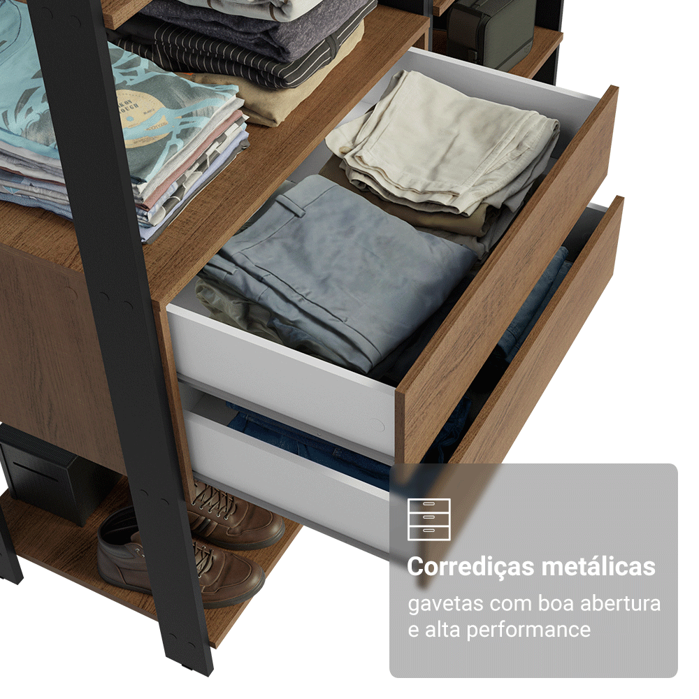 Guarda-Roupa Closet Modulado Valencia 2 Gavetas 9 Prateleiras 129cm Rustic/Preto Madesa