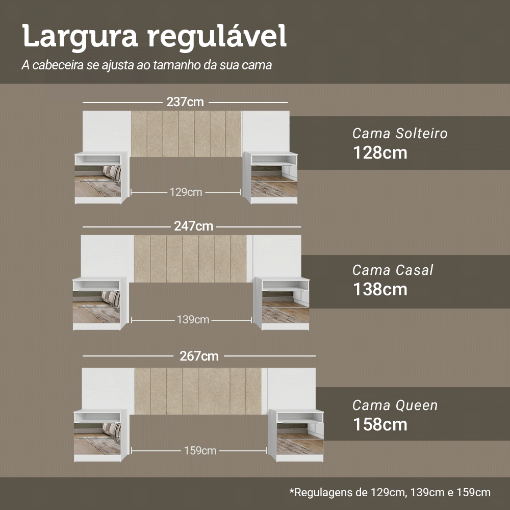 Cabeceira Extensível Estofada com 2 Mesas de Cabeceira Espelhadas Branco/Imperial Madesa