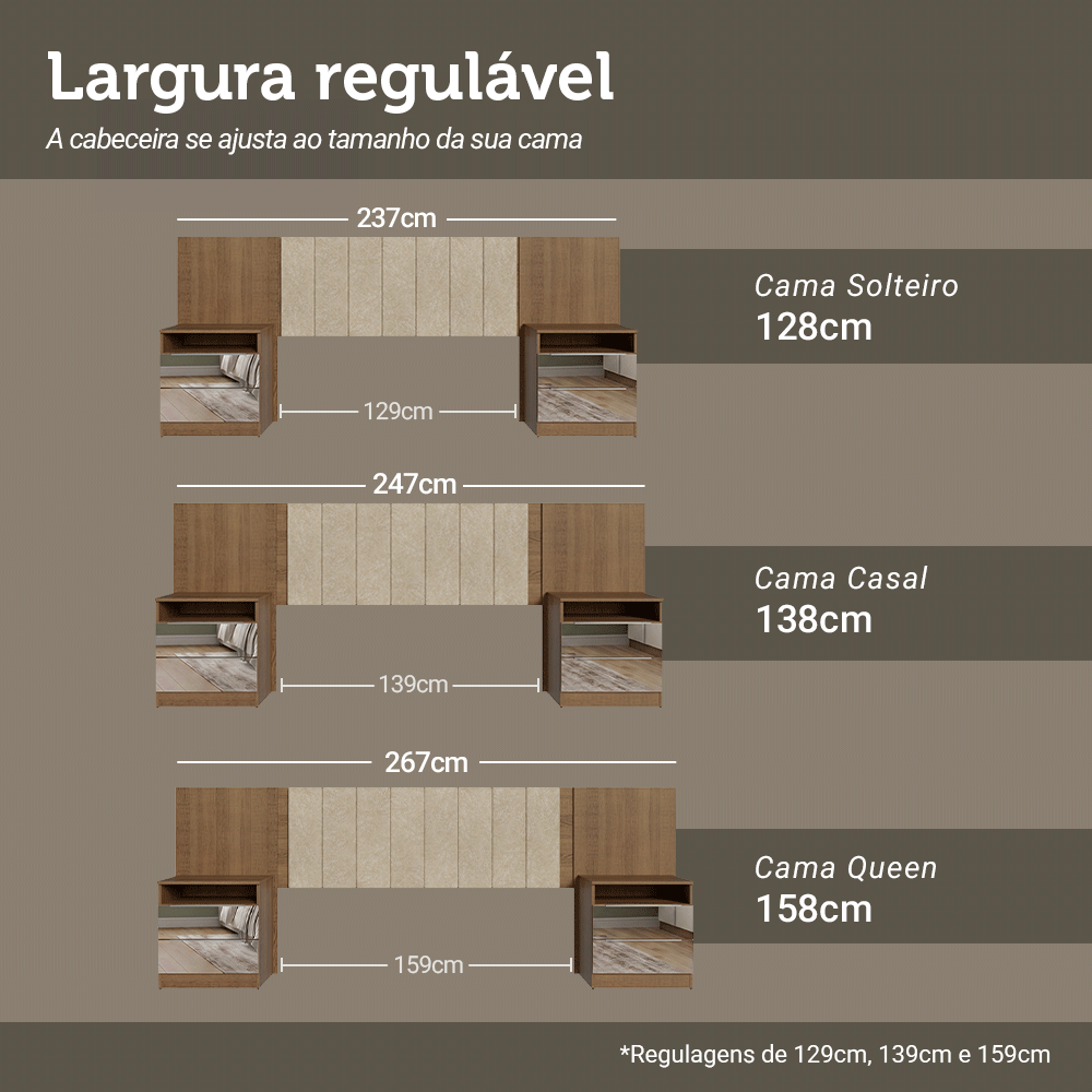 Cabeceira Extensível Estofada com 2 Mesas de Cabeceira Espelhadas Rustic/Imperial Madesa