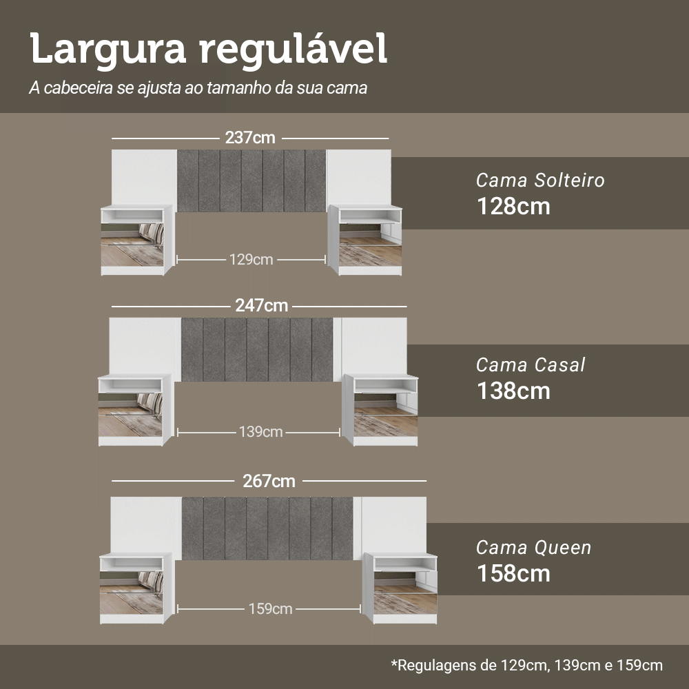 Cabeceira Extensível Estofada com 2 Mesas de Cabeceira Espelhadas Branco/Silver Madesa