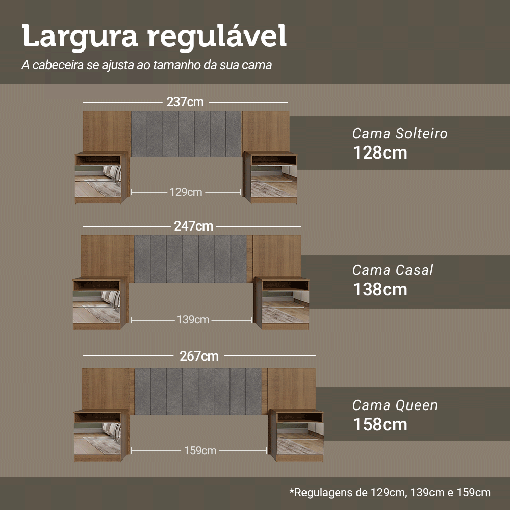 Cabeceira Extensível Estofada com 2 Mesas de Cabeceira Espelhadas Rustic/Silver Madesa