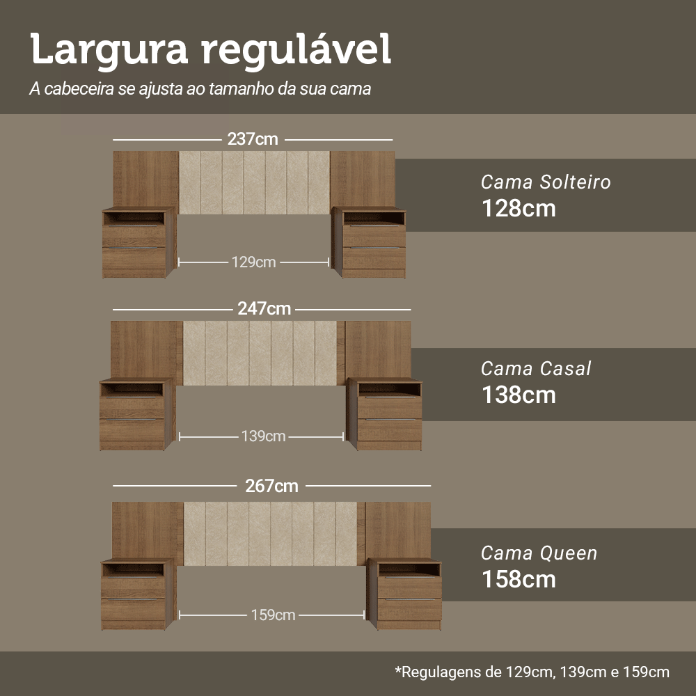 Cabeceira Extensível Estofada com 2 Mesas de Cabeceira Rustic/Imperial Madesa