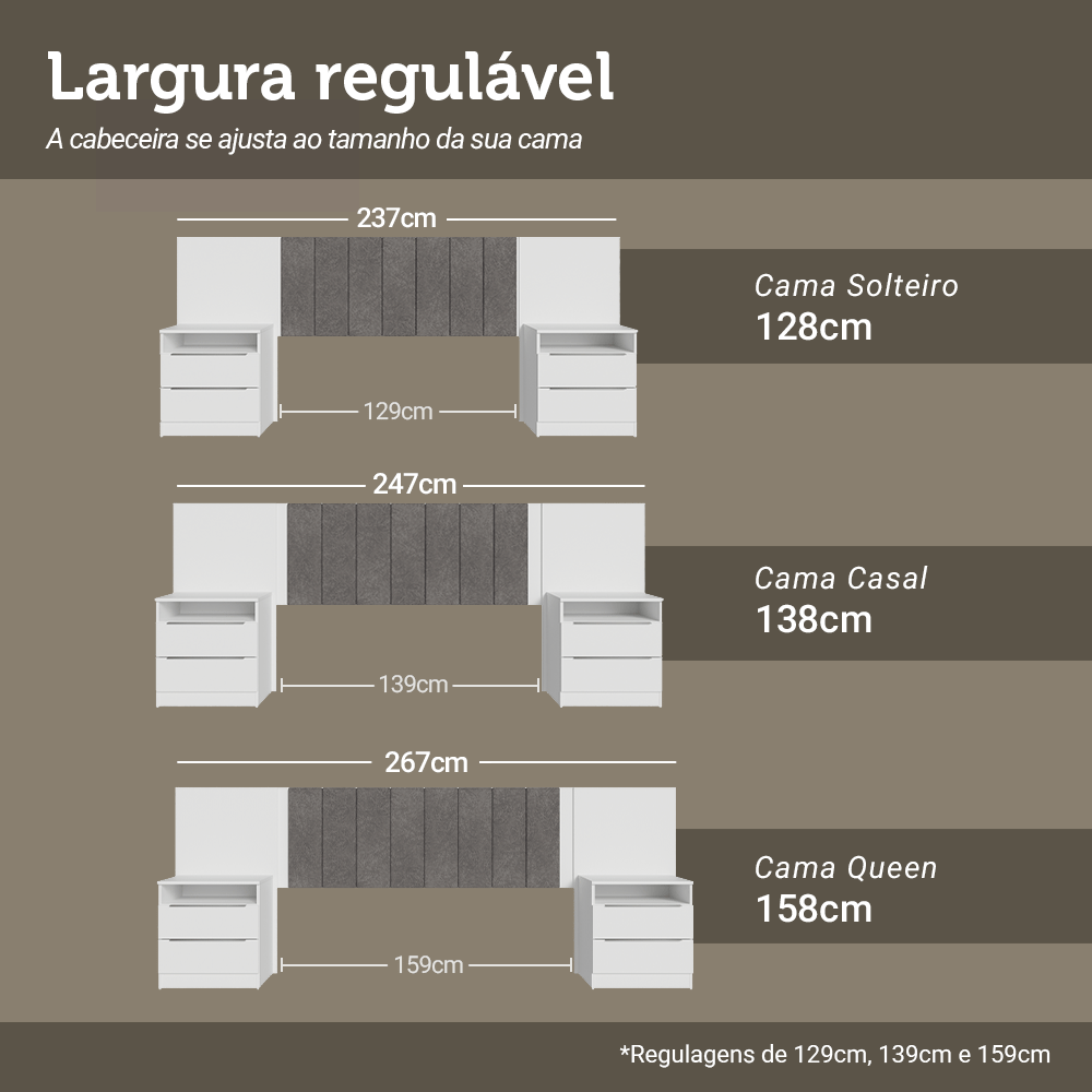 Cabeceira Extensível Estofada com 2 Mesas de Cabeceira Branco/Silver Madesa