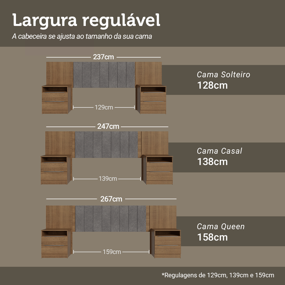 Cabeceira Extensível Estofada com 2 Mesas de Cabeceira Rustic/Silver Madesa