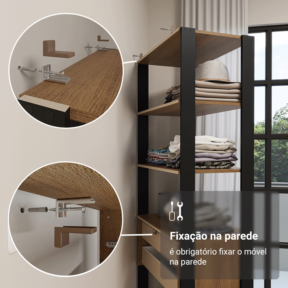 Guarda-Roupa Closet Modulado 6 Gavetas 12 Prateleiras 210cm Rustic/Preto Valencia Madesa
