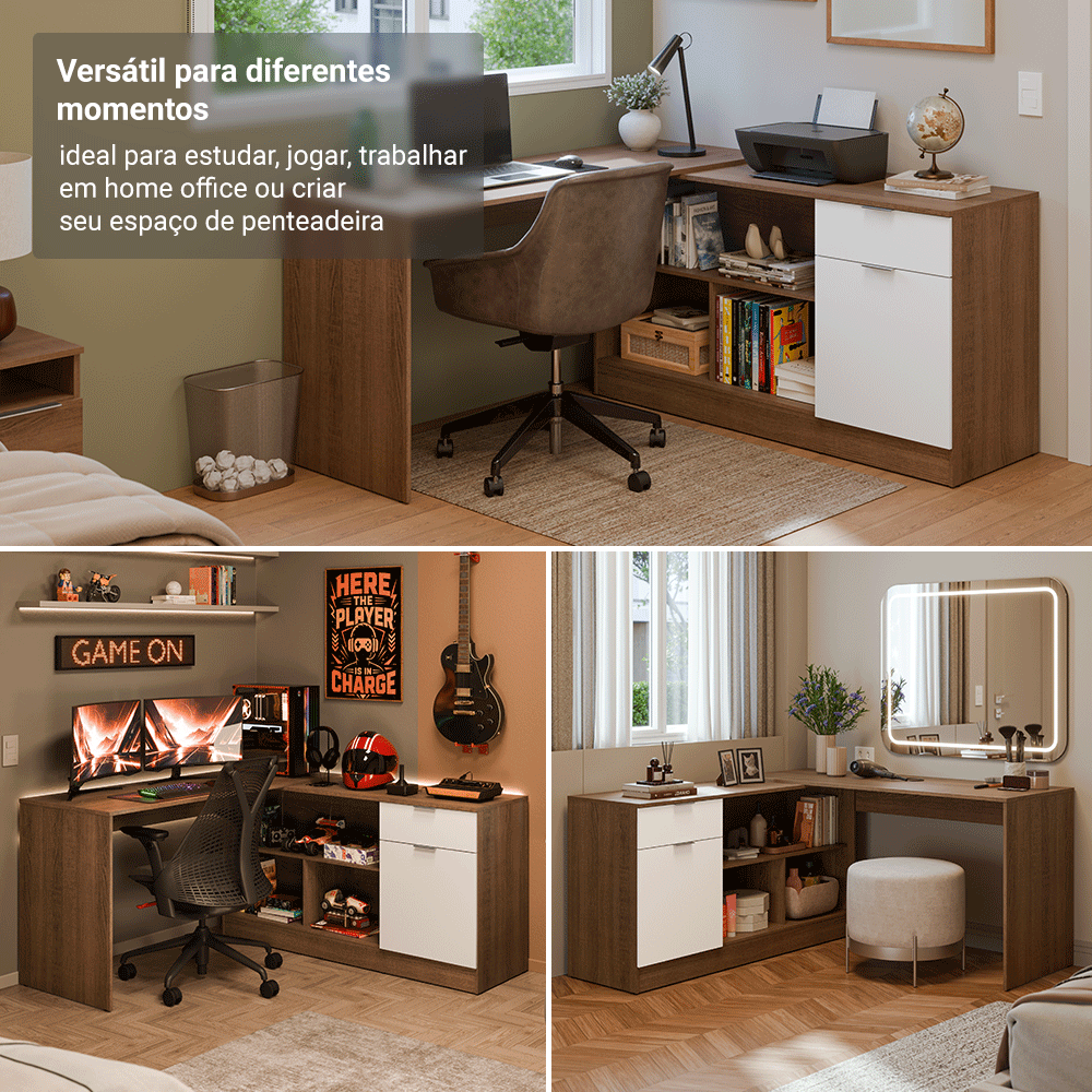 Escrivaninha em L para Computador Gamer Rustic/Branco Roma Madesa