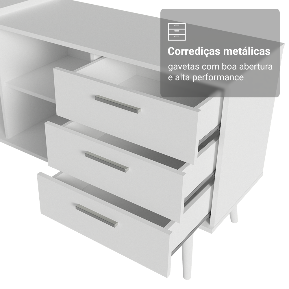 Kit 2 Peças com Escrivaninha em L 3 Gavetas e Armário Multiuso com Vidro Branco Madesa