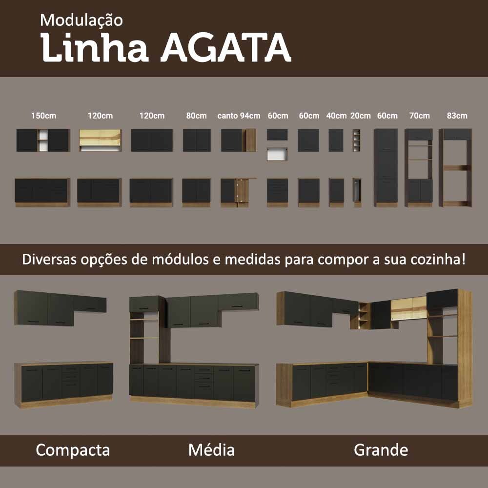 Kit com 2 Armários Aéreos Multiuso 3 Portas Rustic/Preto Agata Madesa