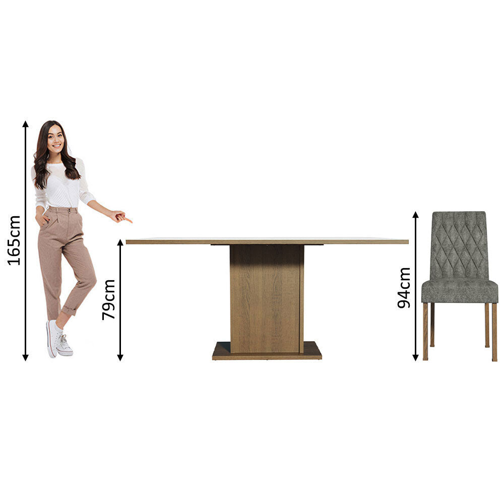 Conjunto Sala de Jantar Mesa Tampo de Madeira 6 Cadeiras Rustic/Branco/Silver Hanna Madesa