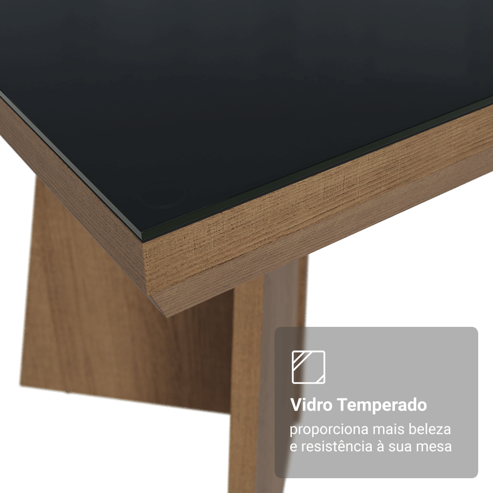 Conjunto Sala de Jantar Tampo com Vidro 6 Cadeiras Rustic/Preto/Silver Pienza Madesa