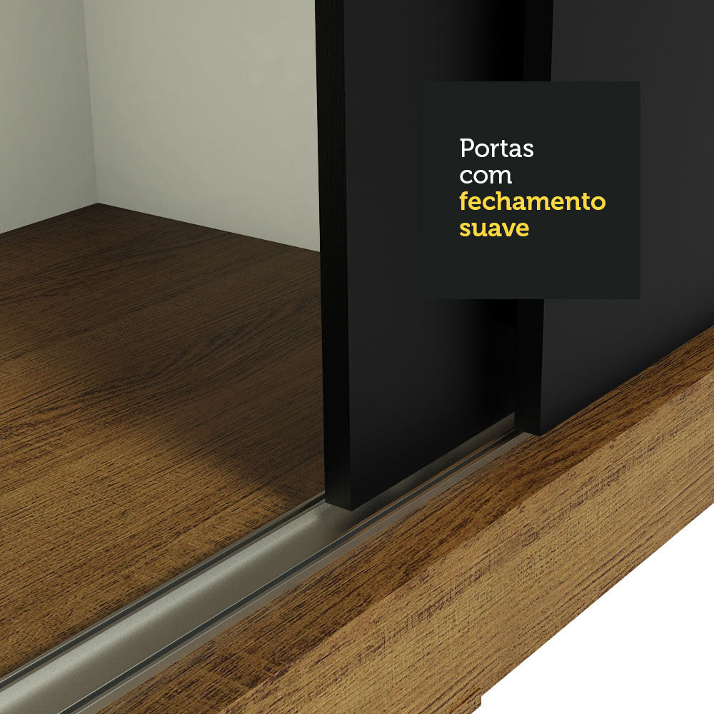 Guarda-Roupa Casal Madesa Kansas 3 Portas de Correr com Espelhos 3 Gavetas Rustic/Preto