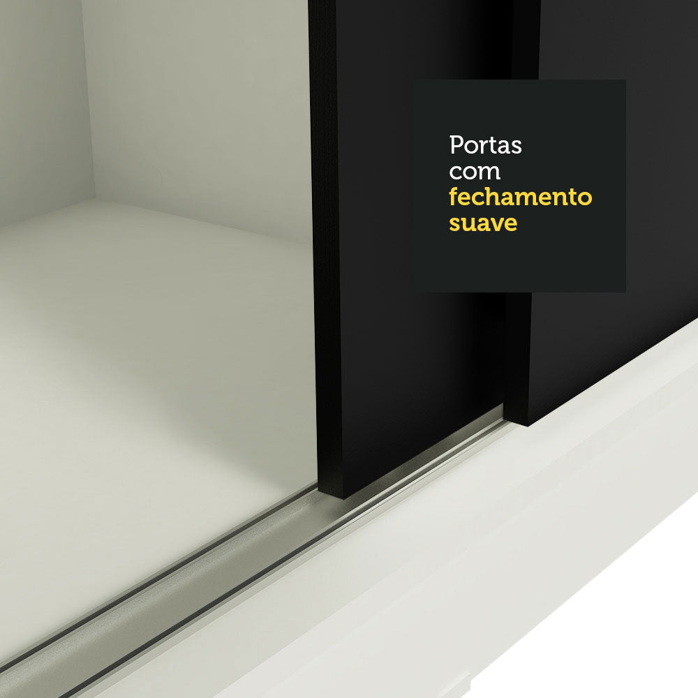 Guarda-Roupa Casal Madesa Austin 4 Portas de Correr de Espelho 3 Gavetas Branco/Preto