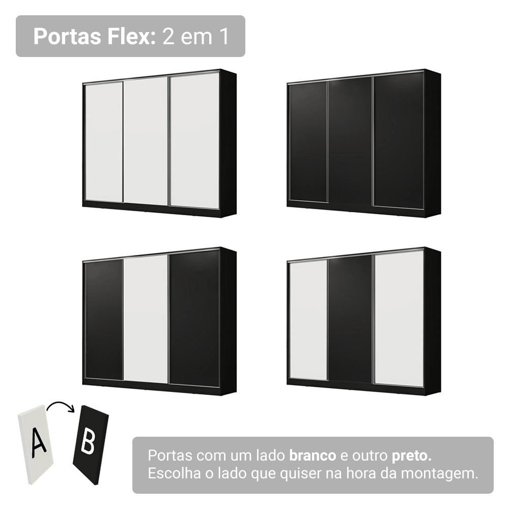 Guarda-Roupa Casal 100% MDF 3 Portas de Correr com Espelho Preto Royale Madesa