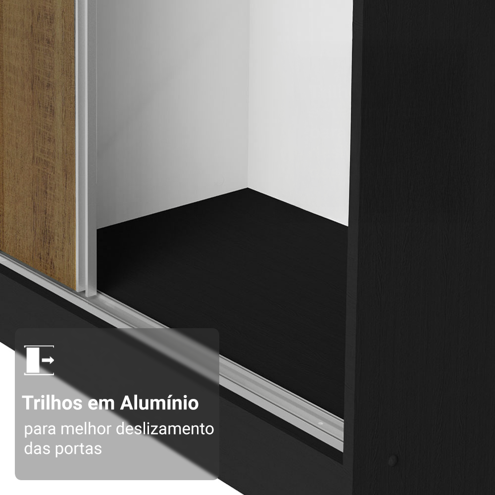 Guarda-Roupa Casal 100% MDF 3 Portas de Correr com Espelho Preto/Rustic Madesa Royale
