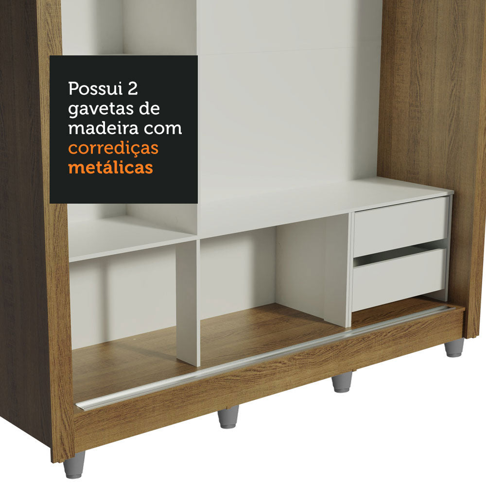 Guarda-Roupa Casal Madesa Lyon 3 Portas de Correr 2 Gavetas com Pés Rustic/Branco