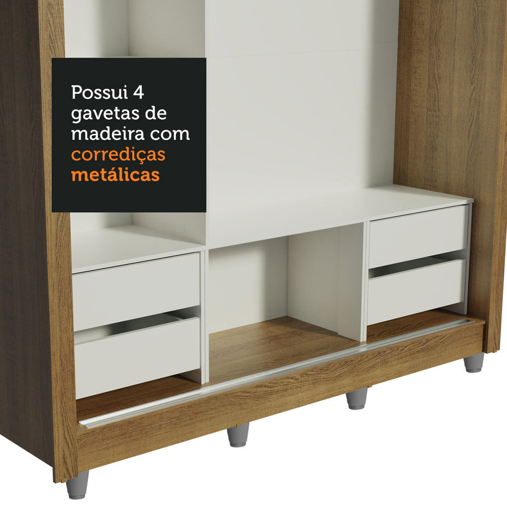 Guarda-Roupa Casal Madesa Lyon Plus 3 Portas de Correr 4 Gavetas com Pés Rustic/Branco