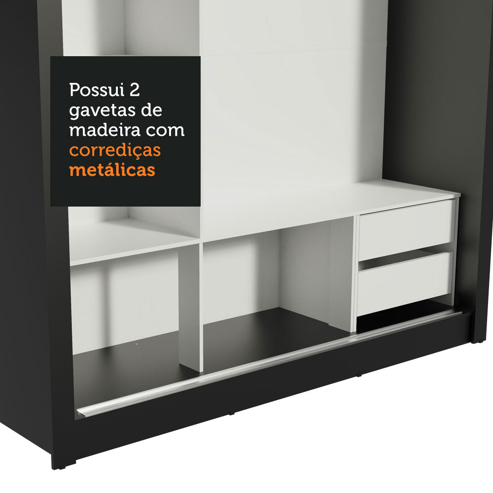 Guarda-Roupa Casal Madesa Lyon 3 Portas de Correr de Espelho 2 Gavetas Preto
