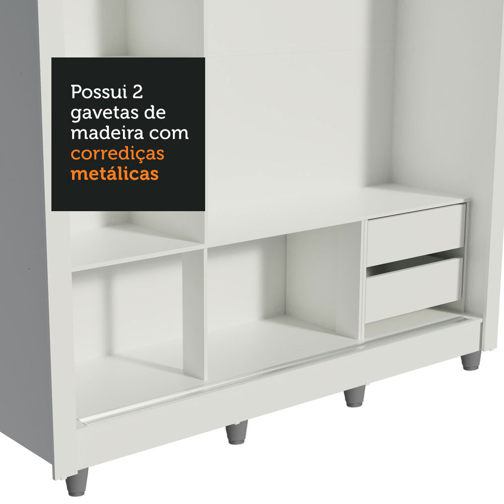 Guarda-Roupa Casal Madesa Lyon 3 Portas de Correr com Espelhos 2 Gavetas com Pés Branco/Rustic
