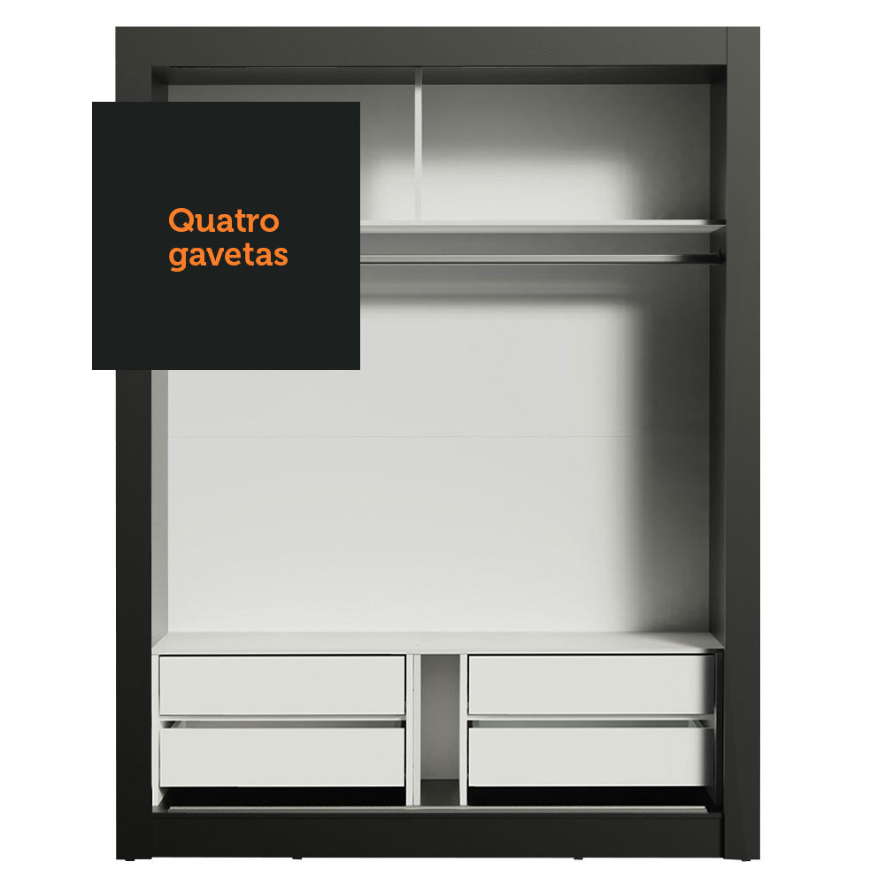 Guarda-Roupa Solteiro Madesa Dallas Plus 2 Portas de Correr 4 Gavetas Preto/Rustic