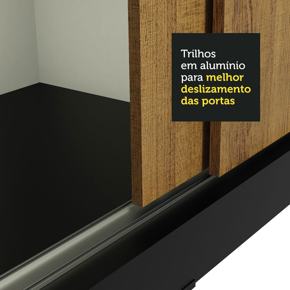 Guarda-Roupa Casal Madesa Istambul 3 Portas de Correr com Espelho 3 Gavetas Preto/Rustic