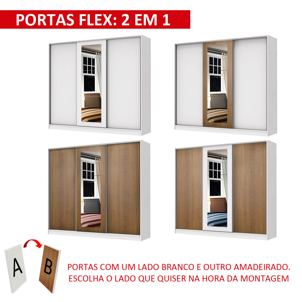 Guarda-Roupa Casal 100% MDF Madesa Eros 3 Portas de Correr com Espelho Branco
