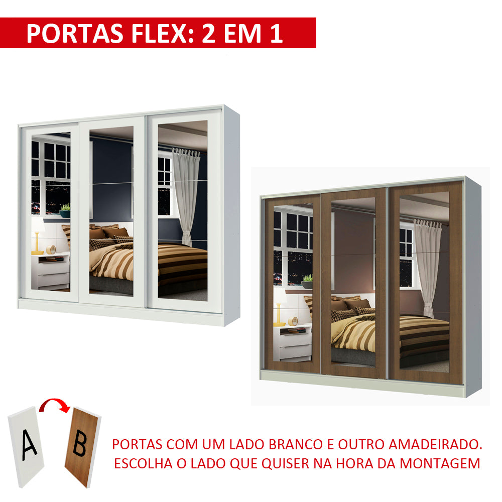 Guarda-Roupa Casal 100% MDF Madesa Eros 3 Portas de Correr de Espelho Branco