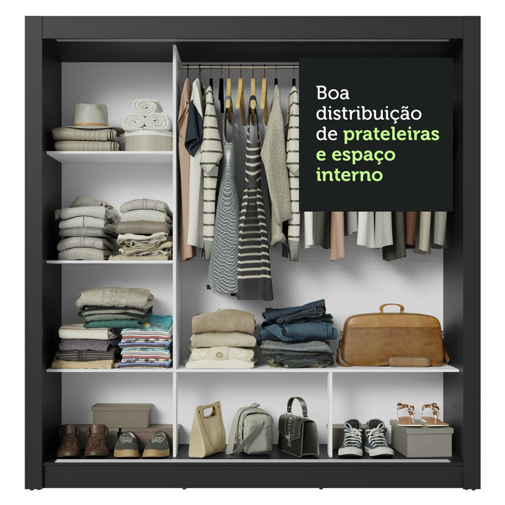 Guarda-Roupa Casal 3 Portas de Correr Preto/Branco Nobre Madesa