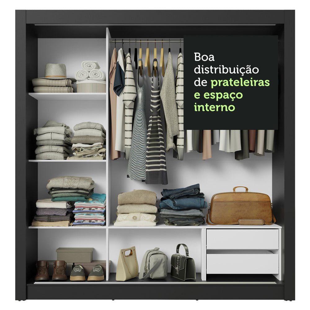 Guarda-Roupa Casal 3 Portas de Correr Preto/Branco Sublime Madesa