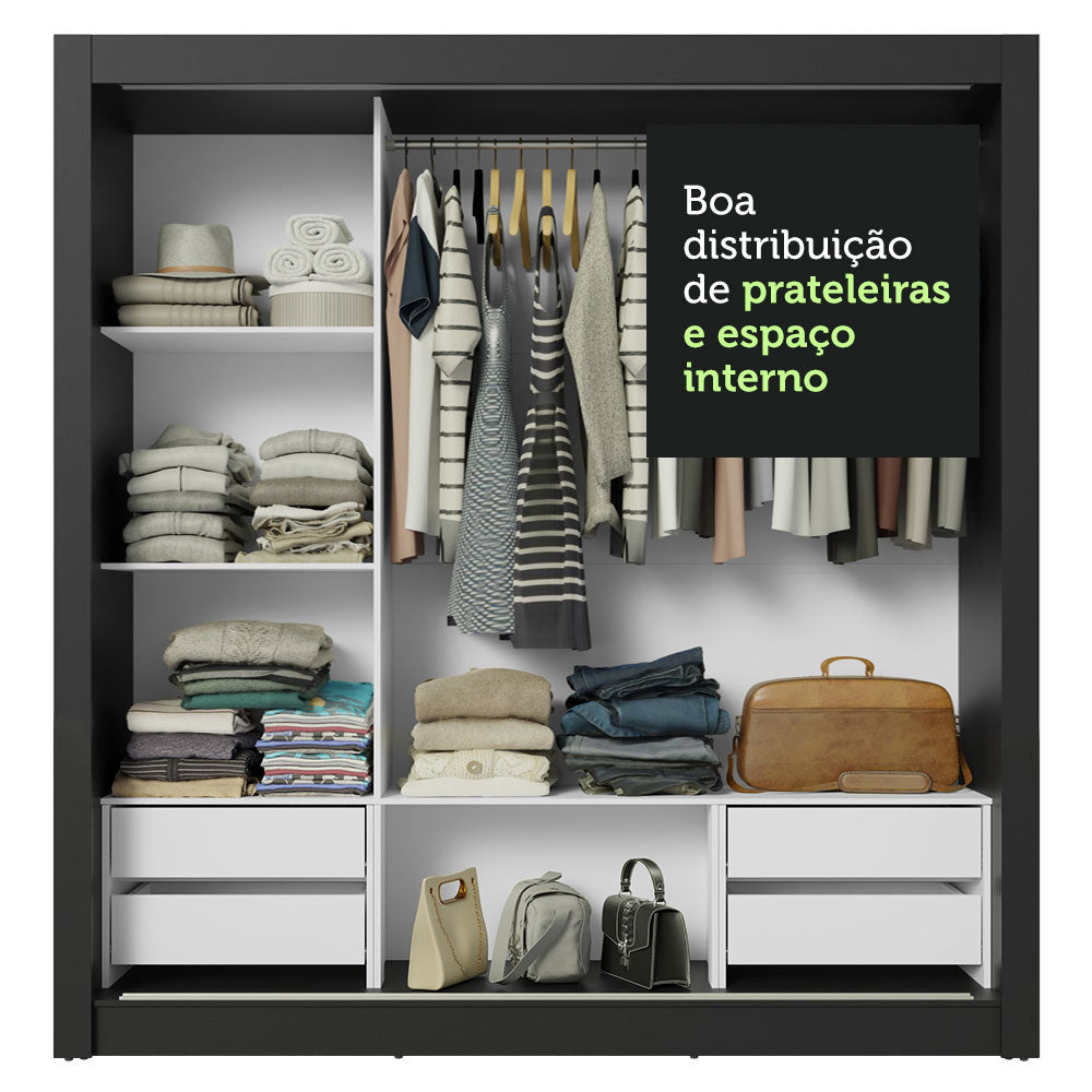 Guarda-Roupa Casal 3 Portas de Correr com Espelho 4 Gavetas Preto/Cinza Sublime Plus Madesa