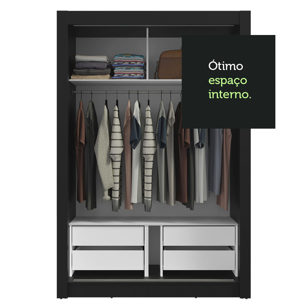 Guarda-Roupa Solteiro 2 Portas de Correr com Espelho 4 Gavetas Preto/Branco Vivare Plus Madesa