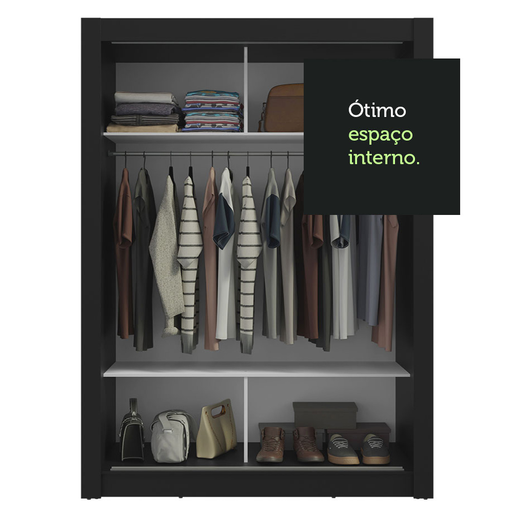 Guarda-Roupa Solteiro 2 Portas de Correr com Espelho Preto Milano Madesa